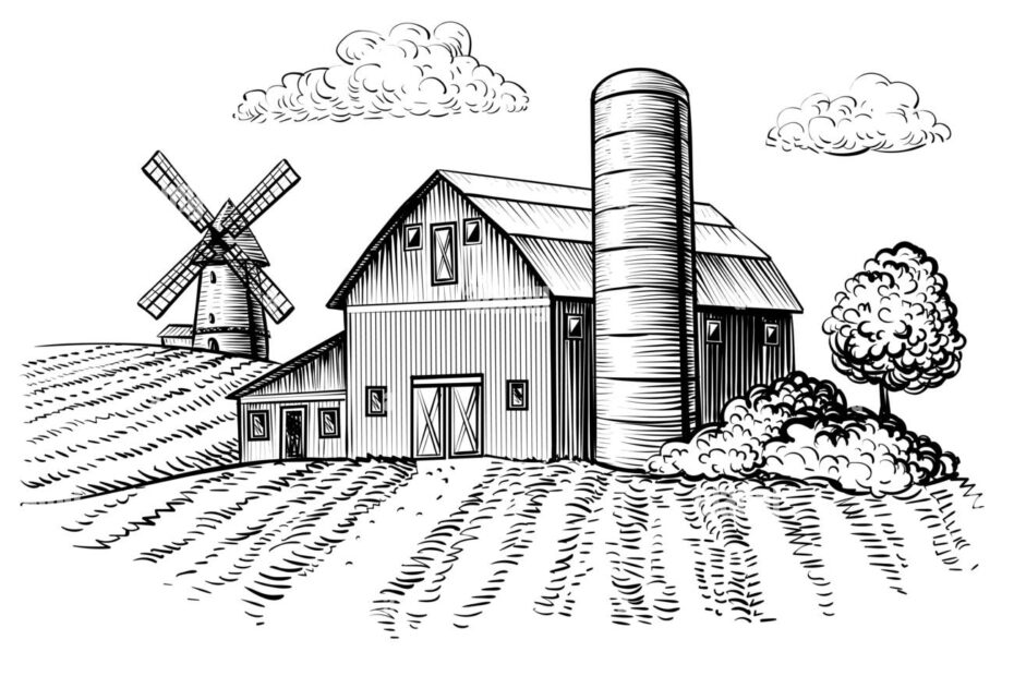 Rural Landscape Farm Barn And Windmill Sketch Hand Draw Illustration Of Countryside Natural Scenic Agricultural Farmhouse And Field Vector Monochrome Outline Image Stock Vector Image U0026 Art Alamy