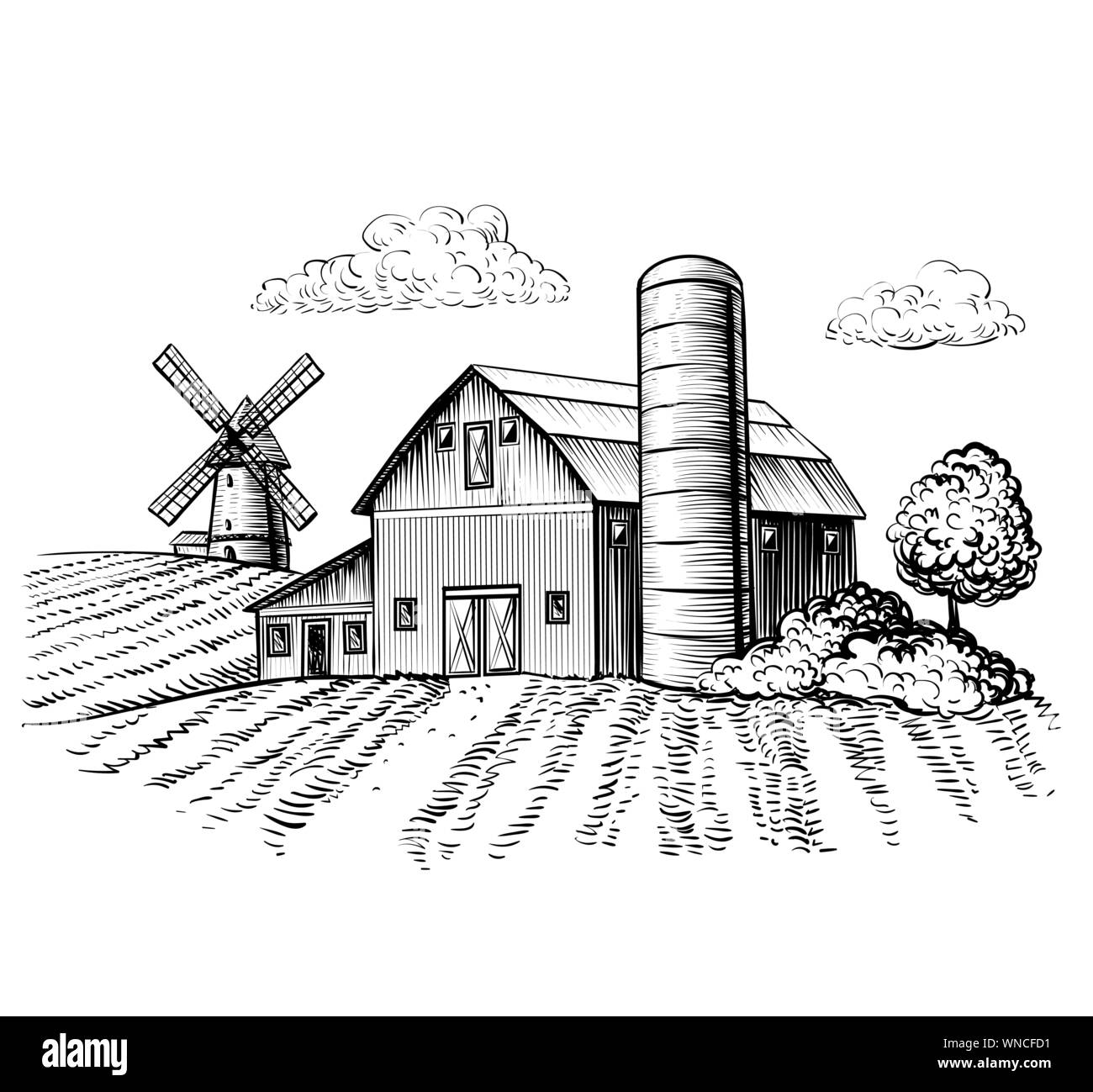 Rural Landscape Farm Barn And Windmill Sketch Hand Draw Illustration Of Countryside Natural Scenic Agricultural Farmhouse And Field Vector Monochrome Outline Image Stock Vector Image U0026 Art Alamy