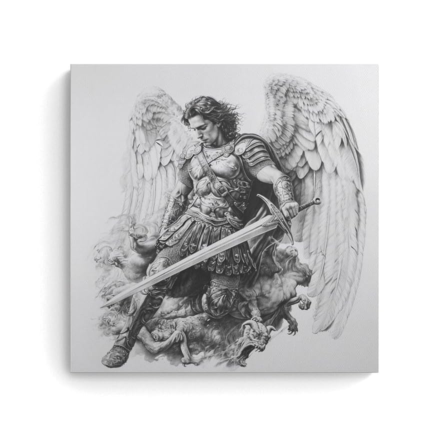 Saint Michael The Archangel Canvas Painting Wall Art Black And White Poster Print Artwork Picture For Bedroom Room Decor 24x24inch 60x60cm 