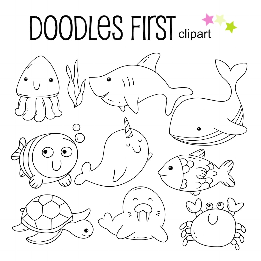 Sea Creatures Outline Drawing Sea Animals Outline Doodle Clip Art For Scrapbooking Card Making Cupcake Toppers Paper Crafts SVG Cuts Etsy