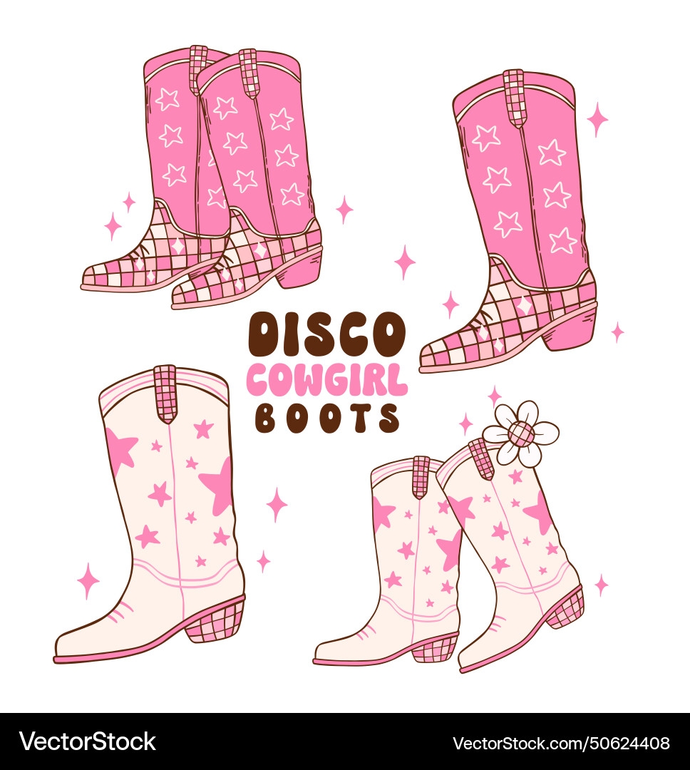 Set Of Disco Cowgirl Boots Doodle Hand Drawing Vector Image