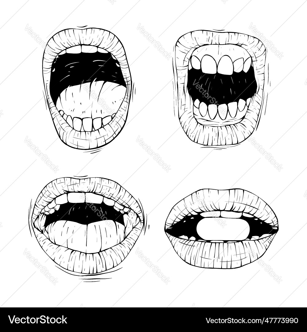 Set Open Mouth Collection Sketch Line Art Vector Image