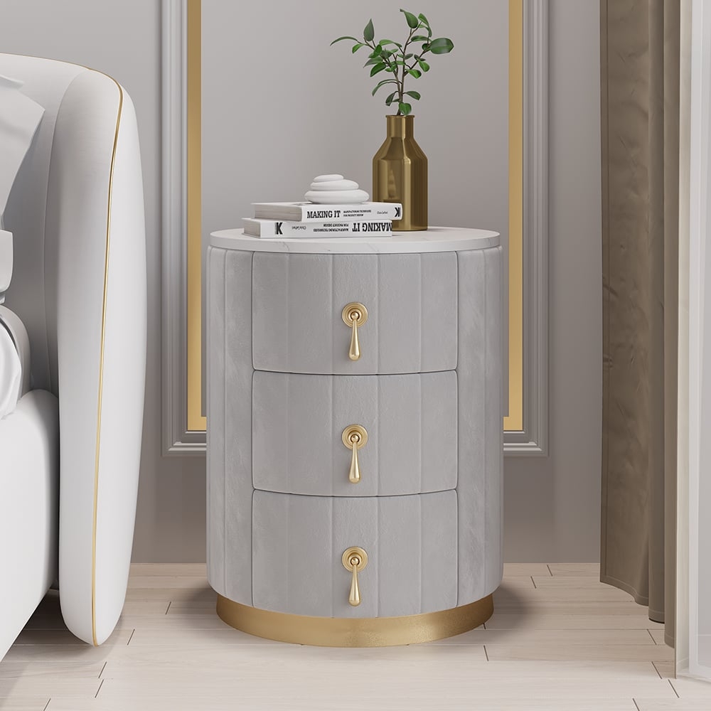 Sintered Stone Top 3 Drawer Round Velvet Nightstand Homary