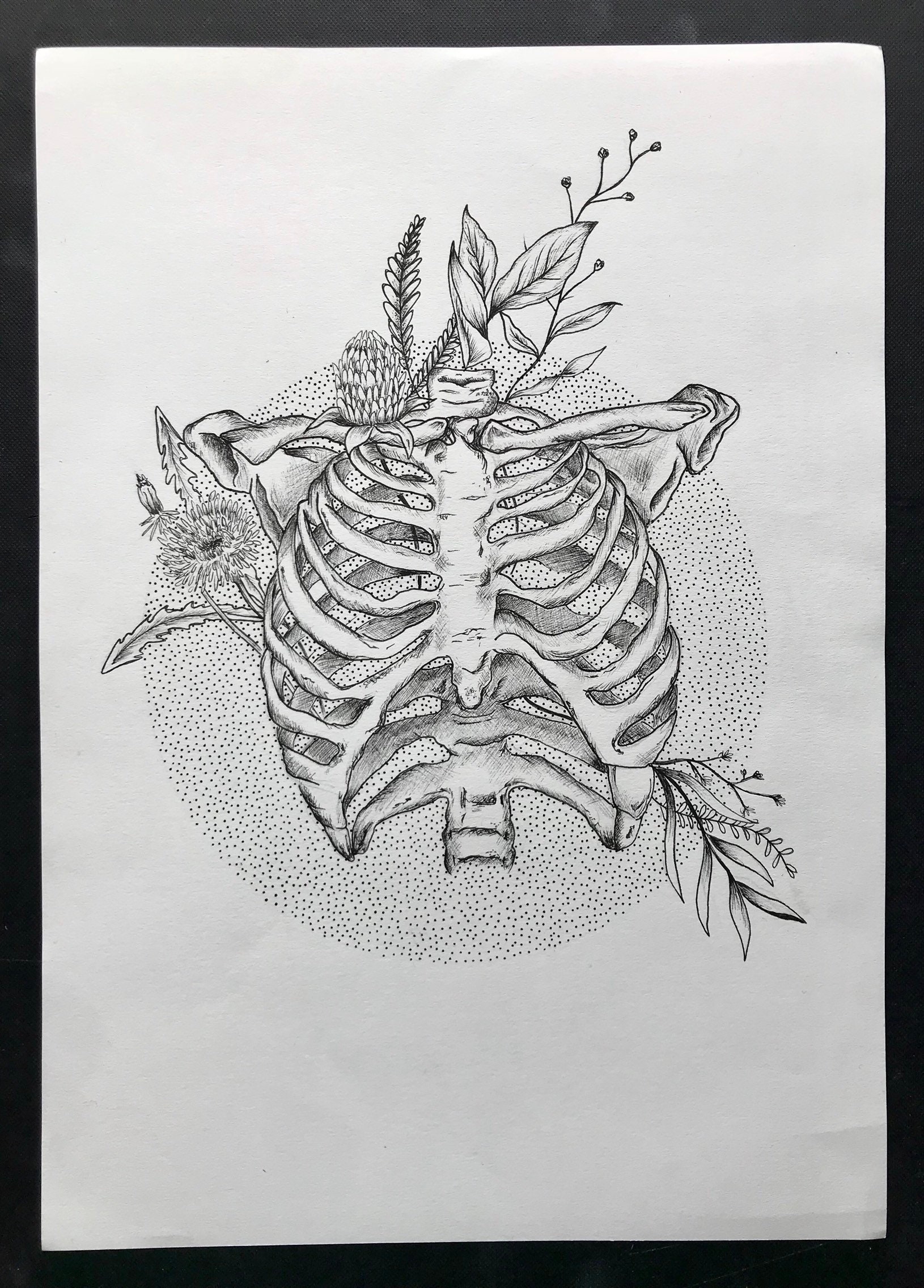 Skeleton Rib Cage With Wildflowers Pen Drawing Etsy UK