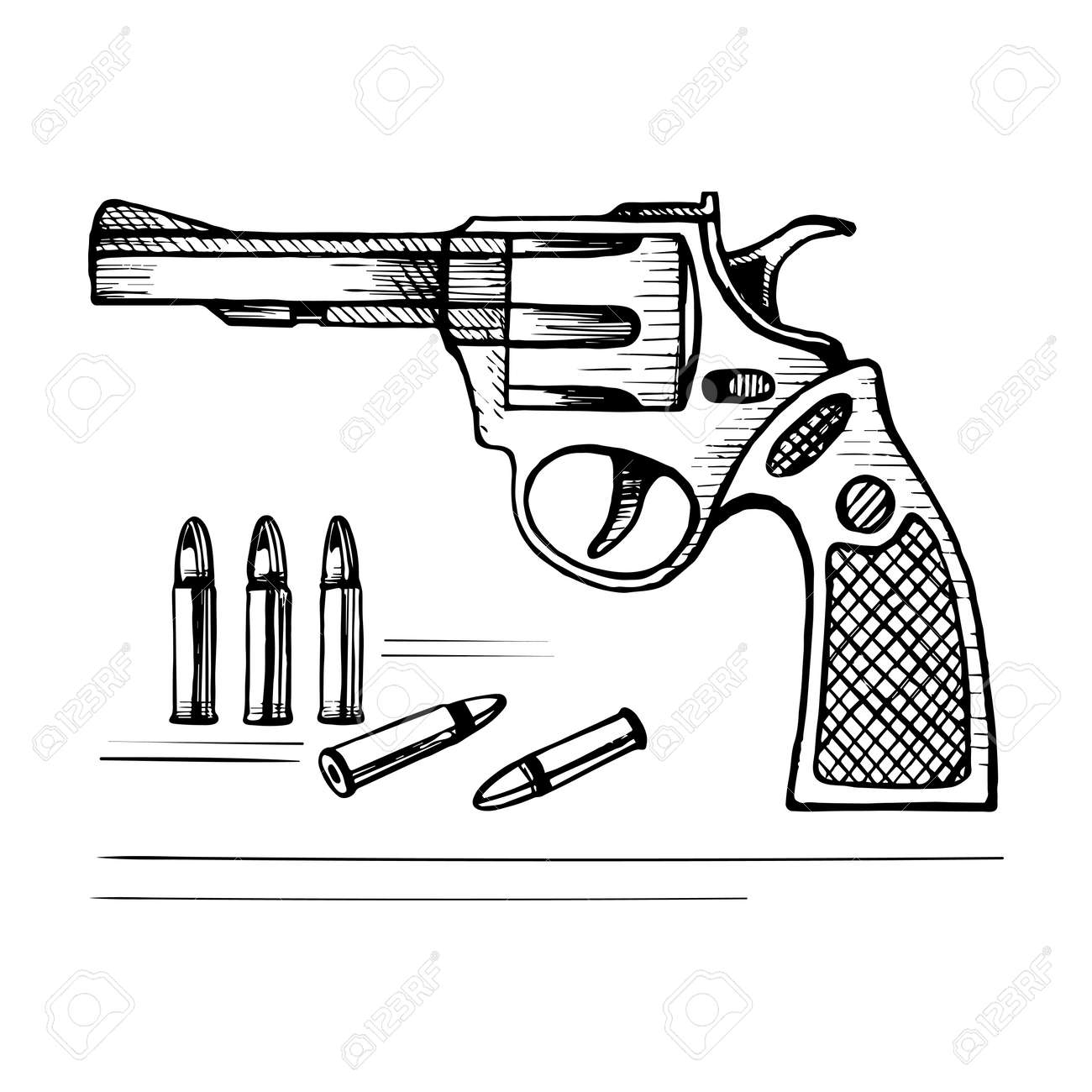 Sketch Vector Revolver Gun With Bullets Stock Illustration On A White Background Royalty Free SVG Cliparts Vectors And Stock Illustration Image 68973918 