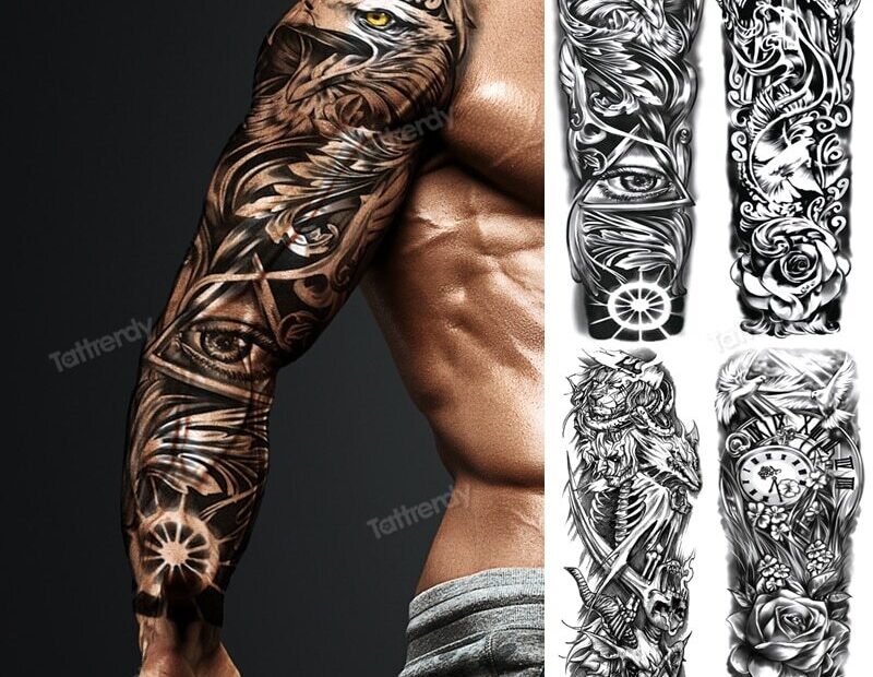 Skull Sleeve Tattoo Designs For Men Full Arm TemporaryTattoos Large Tiger Lion
