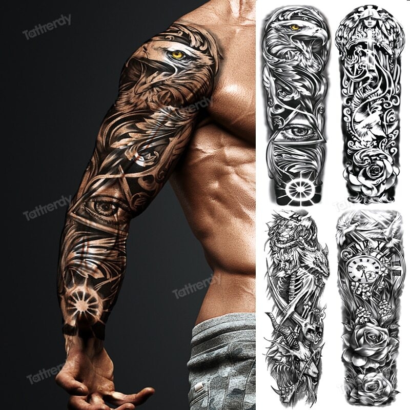 Skull Sleeve Tattoo Designs For Men Full Arm TemporaryTattoos Large Tiger Lion