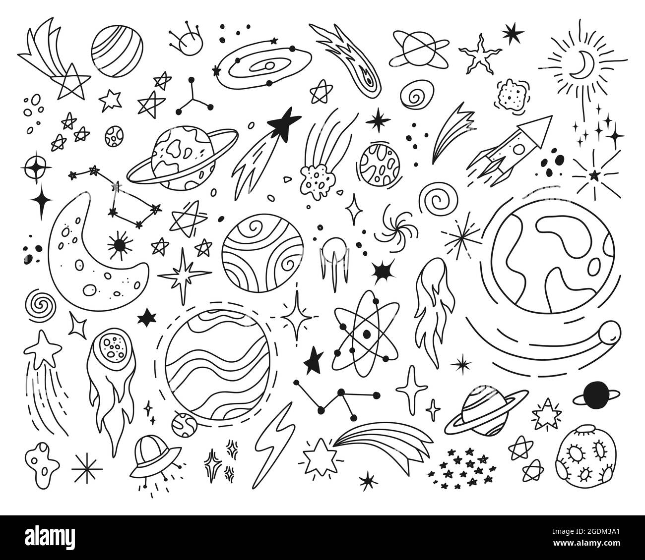 Space Doodles Cute Stars And Planets Sketch Drawings Hand Drawn 