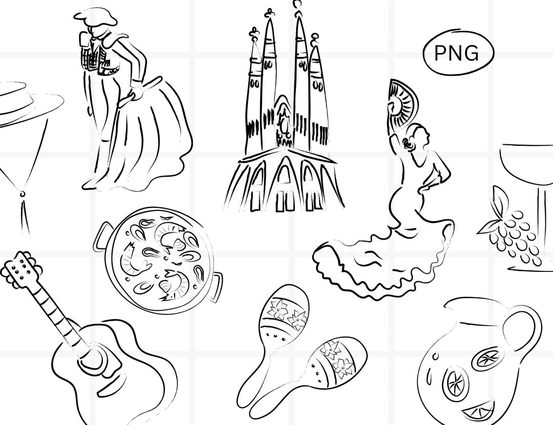 Spain Clipart Bundle Spanish Travel Clip Art Designs Minimalist Line Art Simple Hand Drawn Illustration Black And White Designs PNG Etsy