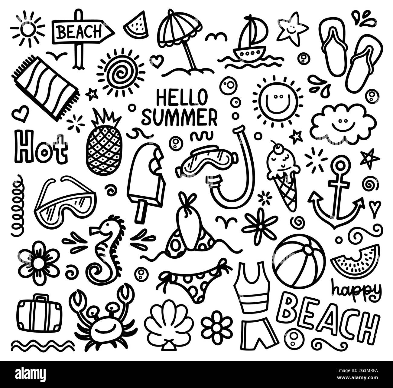 Summer Doodle Hand Drawn Summer Icon Set Cute Cartoon Drawing Coloring Page Vector Print Illustration Stock Vector Image U0026 Art Alamy
