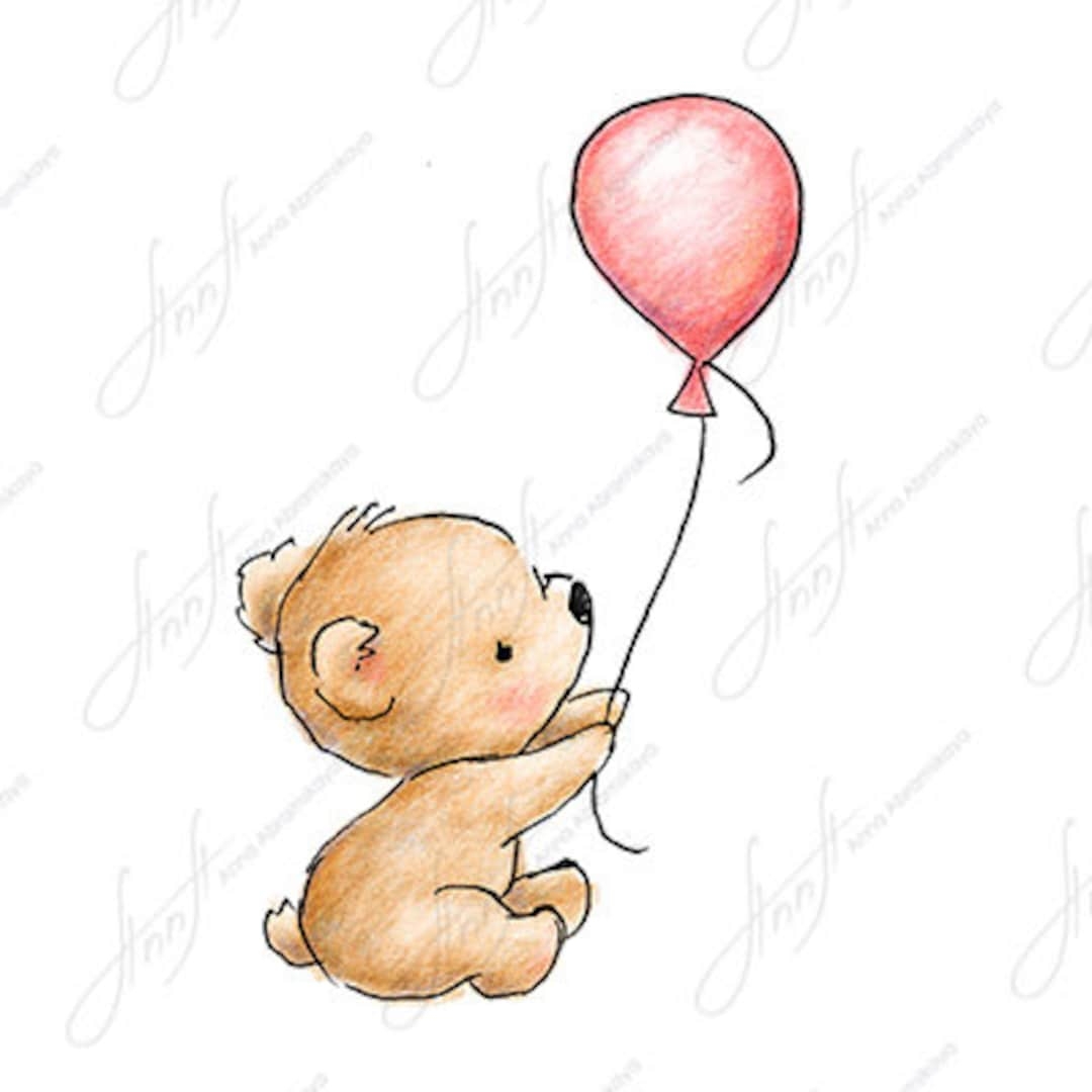 The Drawing Of Cute Teddy Bear With Pink Balloon Printable Art Digital File Instant Download Etsy