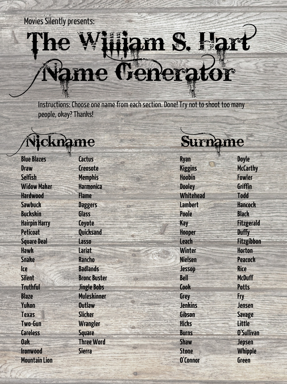 The William S Hart Name Generator Movies Silently