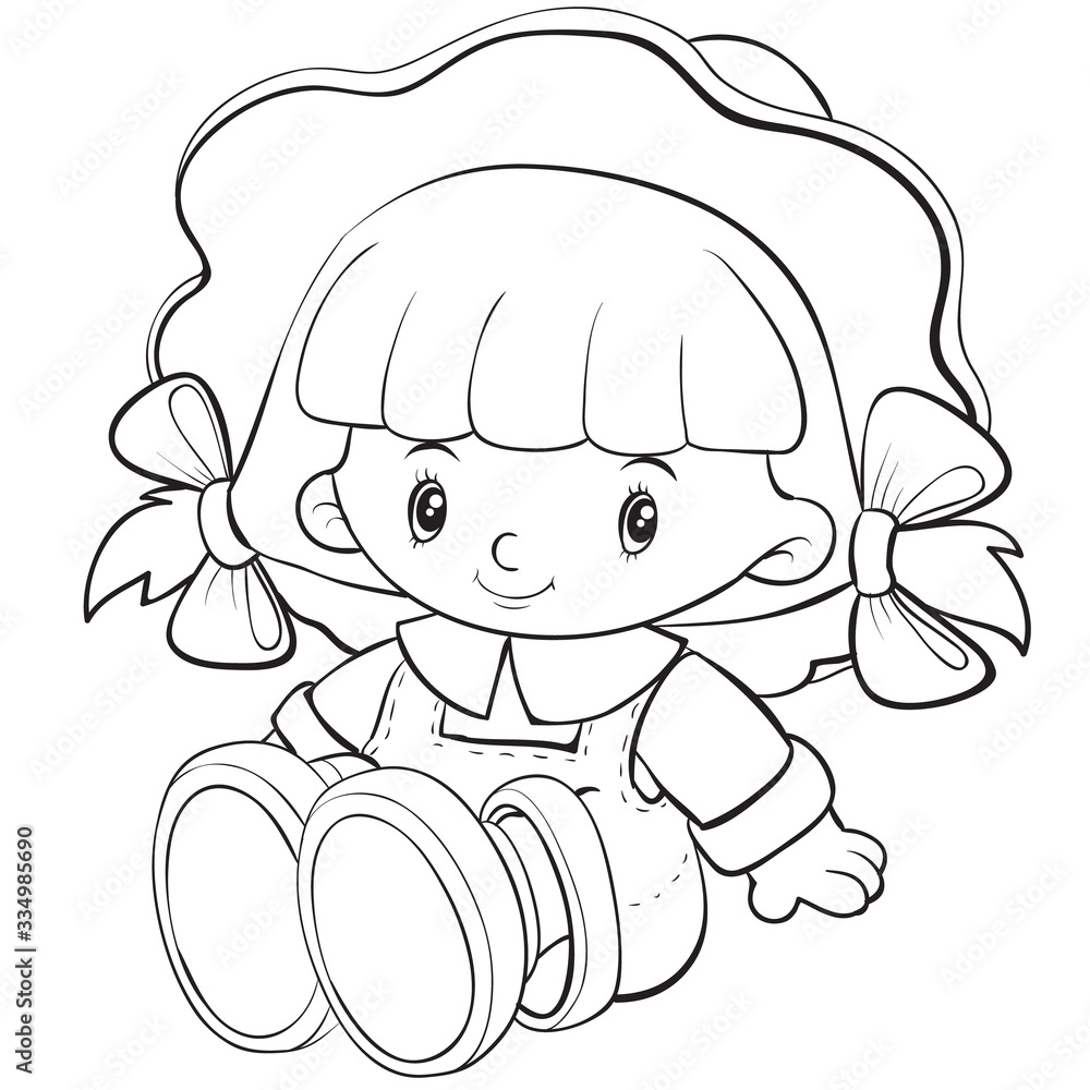 Toy Doll Sitting In A Dress And In A Hat Outline Drawing Isolated Object On A White Background Vector Illustration Eps Stock Vector Adobe Stock