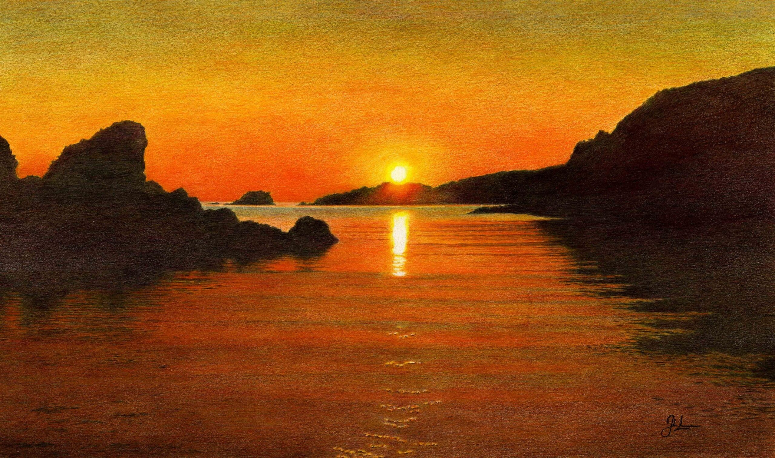 Tranquil Summer Sunset Shetland Isles Coloured Pencil Drawing 205x120mm 270x160mm 390x230mm Mounted Print And Print Only Etsy