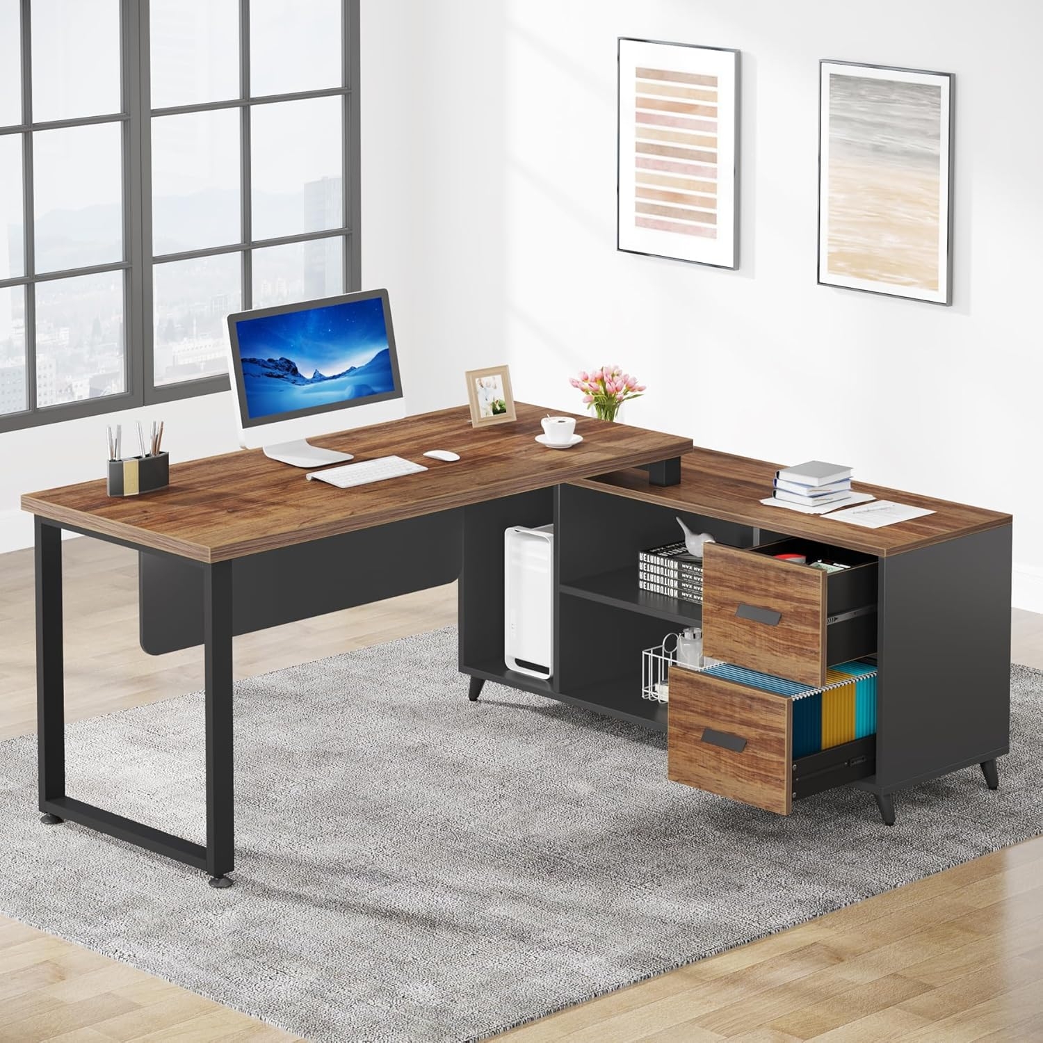 Tribesigns L Shaped Desk Dengan File Drawer 55 Inch Executive Office Desk Dengan Rak Penyimpanan Kabinet Furnitur Bisnis L Shaped Computer Desk