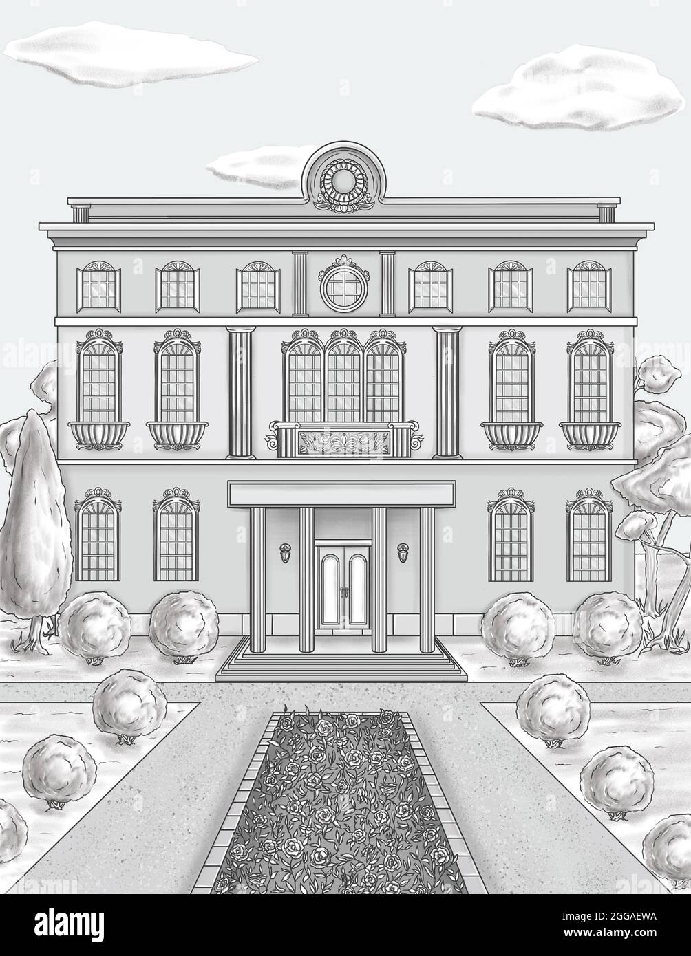 Two Storey Mansion Symmetrical Design With Shrubs And Trees 