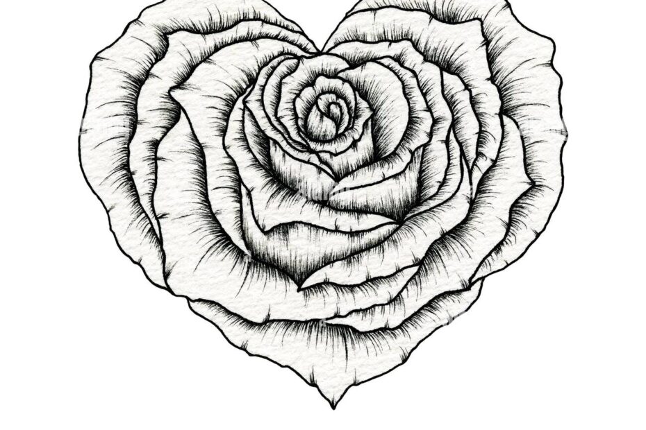 Valentine Rose Heart Line Art Drawing Floral Rose Heart Ink Sketch Isolated On White Line Art Love Floral Heart Rose Great For Valentine s Day Stock Photo Alamy