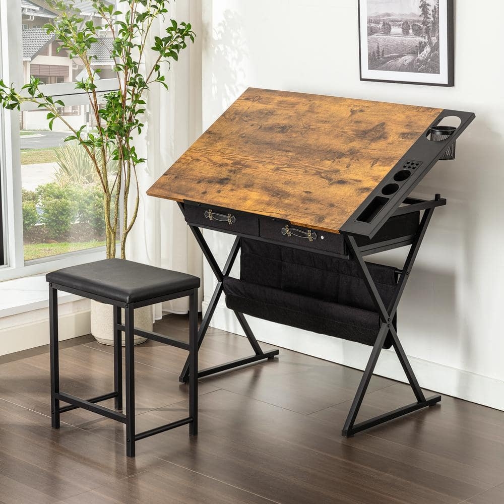 VECELO Height Adjustable Drafting Table Drawing Table Set 23 6 In Rectangle Brown Wood 2 Drawer Writing Desk And Stool