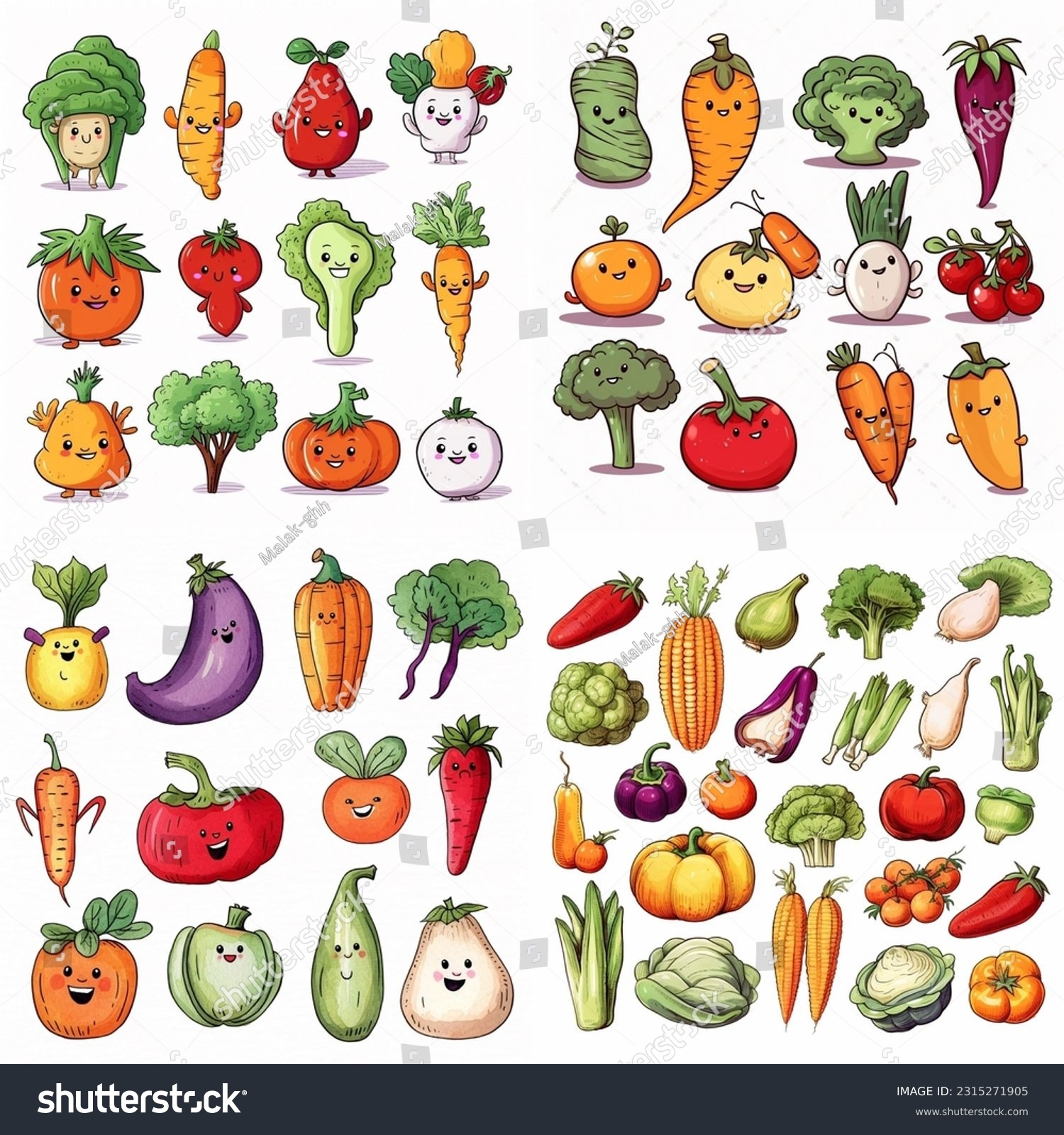 Vegetables Drawing Cute Faces Stock Illustration 2315271905 