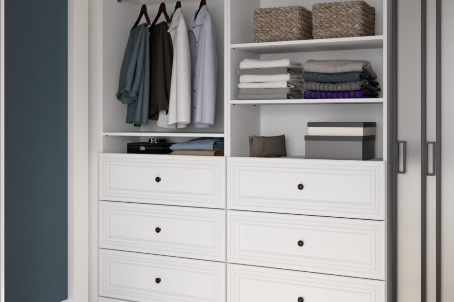 Versatile Traditional Closet System With Shelves Drawers U0026 Clothing Rod 72W X 20D Bestar
