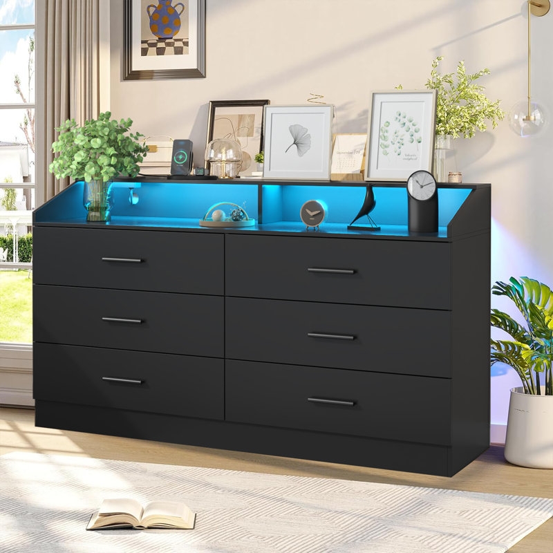 Vikky 6 Drawers Dresser With Power Outlet Chest Of Drawers With LED Light Modern Dresser Organizer Orren Ellis Color Black