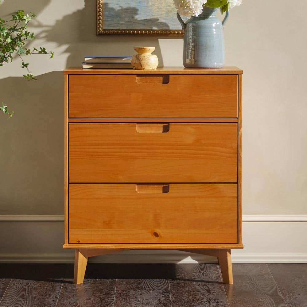Walker Edison Furniture Company Mid Century Modern Caramel 3 Drawer 30 In Chest Of Drawers HD9982 The Home Depot