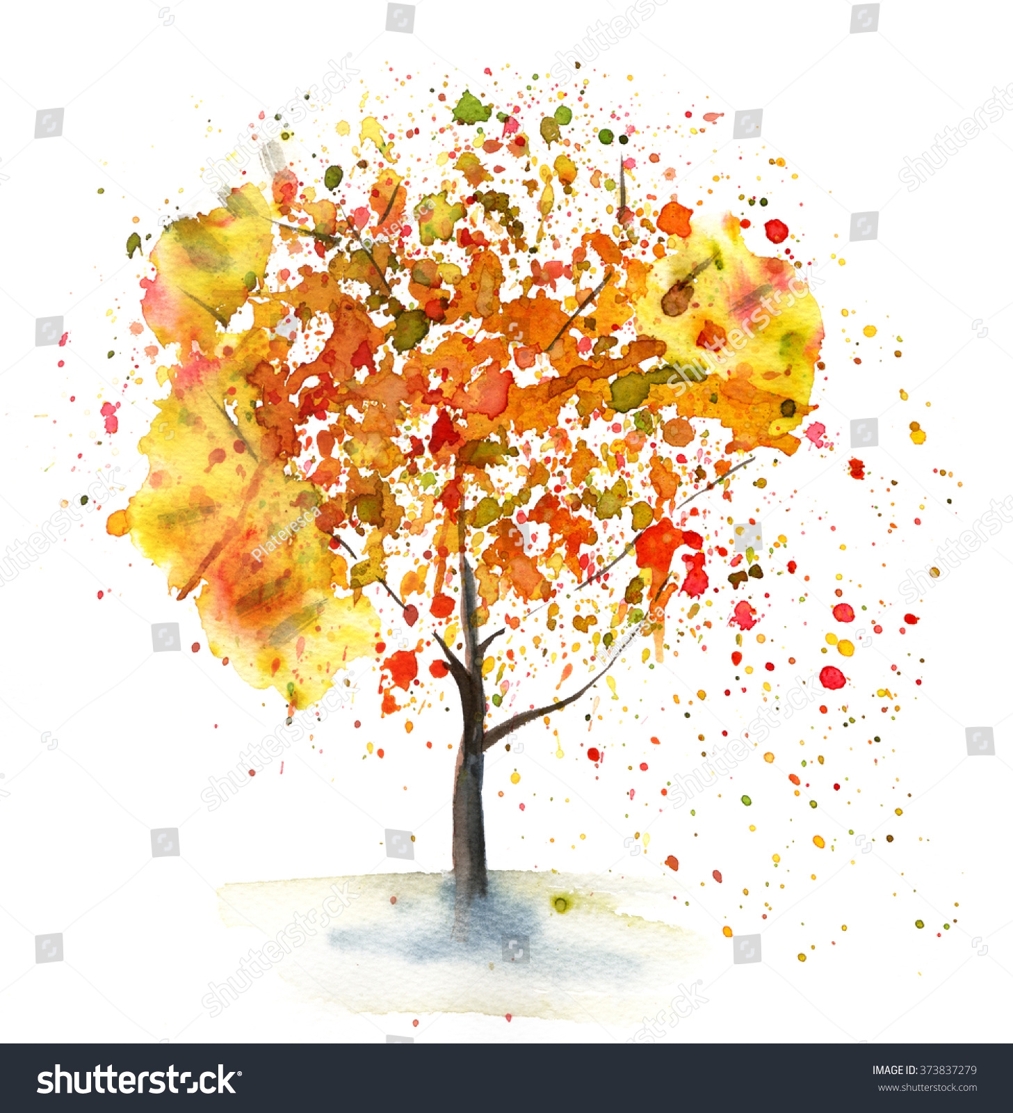 Watercolor Drawing Autumn Tree Hand Drawn Stock Illustration 