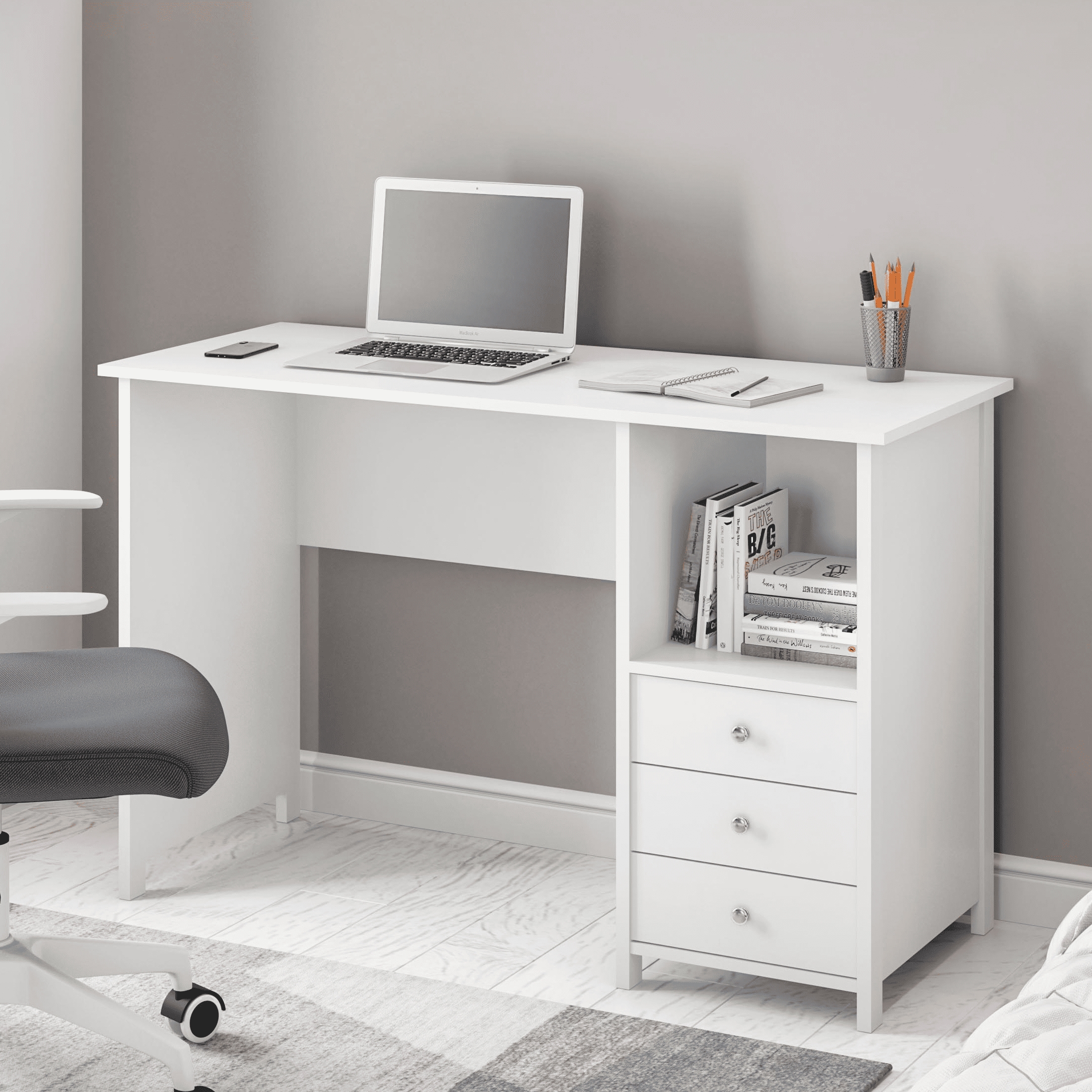 White Desk With 3 Storage Drawers